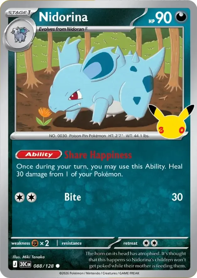 088/128 Nidorina Common Pokemon 30th Anniversary Card List Celebration