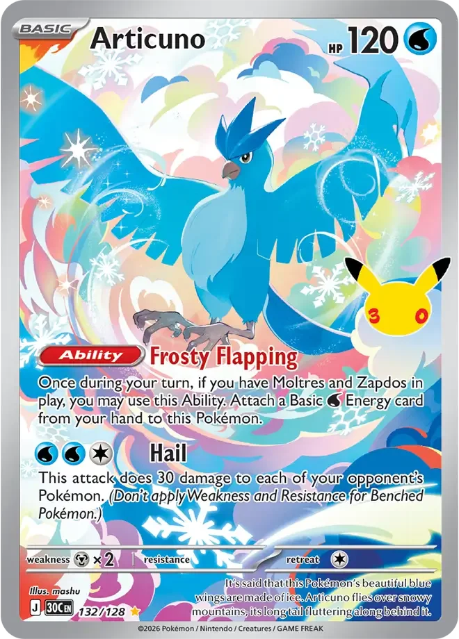 132/128 Articuno Illustration Rare Pokemon 30th Anniversary Card List Celebration