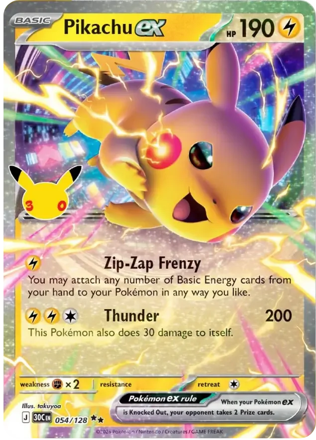 54/128 Pikachu ex Double Rare Pokemon 30th Celebration Card List Celebration