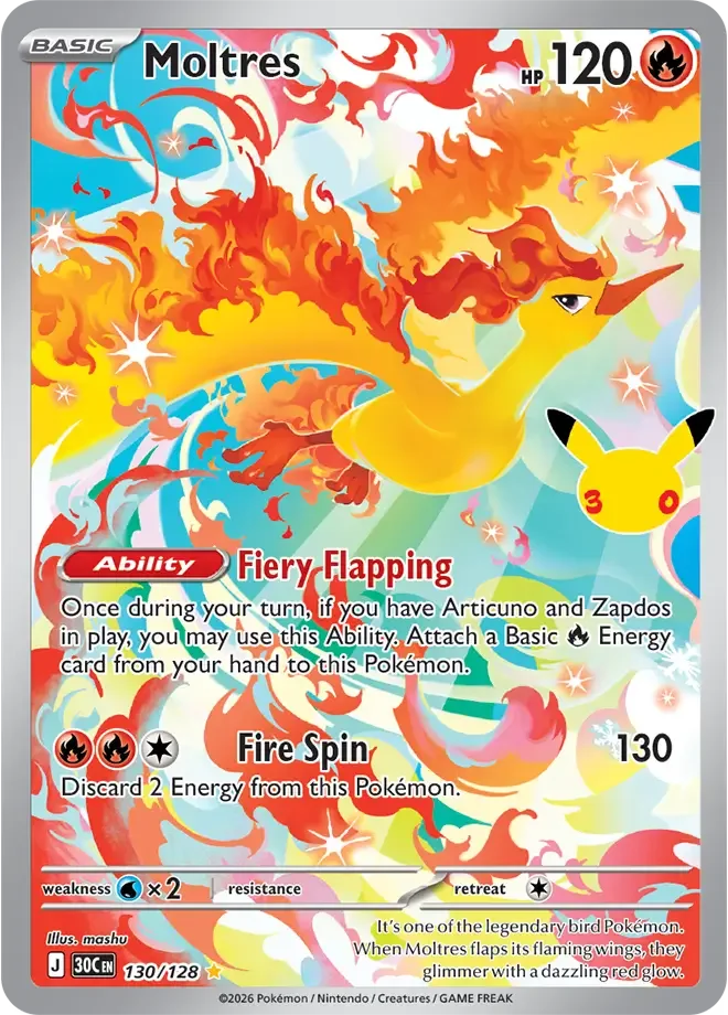130/128 Moltres Illustration Rare Pokemon 30th Anniversary Card List Celebration