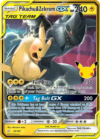 Zekrom and Pikachu Pokémon card from Pokemon 30th Anniversary set