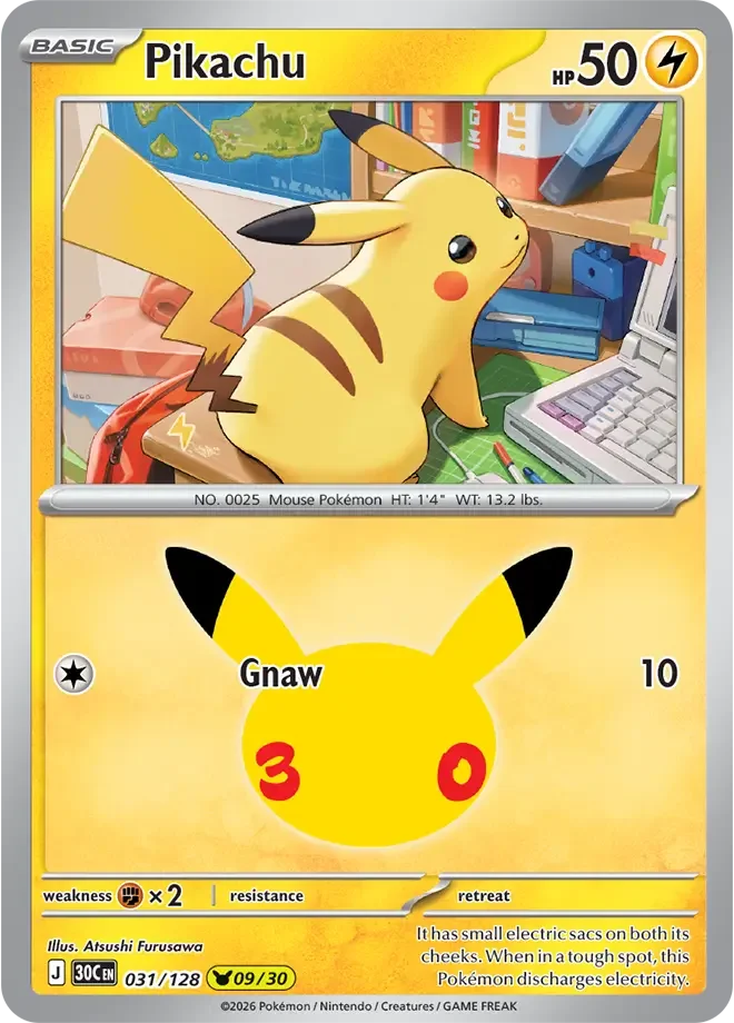 031/128 Pikachu Pokemon 30th Anniversary Card List Celebration