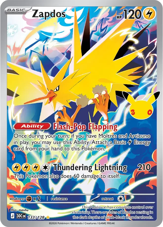 133/128 Zapdos Illustration Rare Pokemon 30th Anniversary Card List Celebration