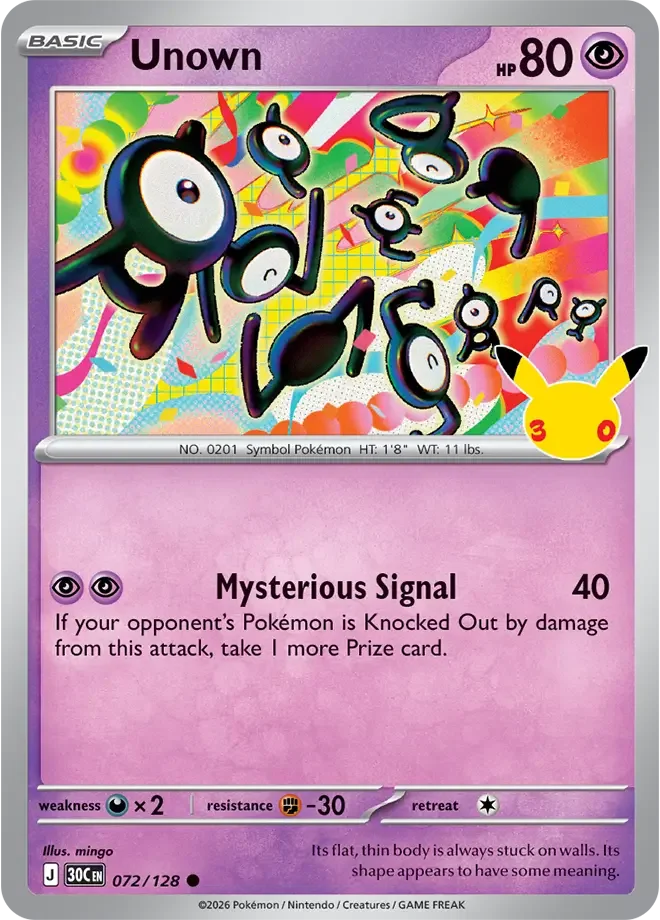 072/128 Unown Common Pokemon 30th Anniversary Card List Celebration