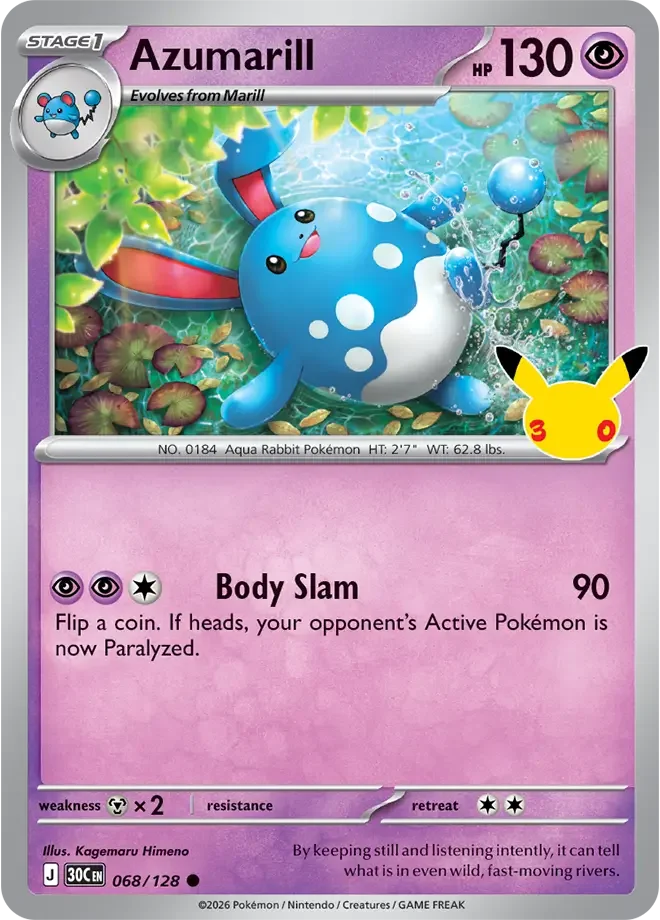 068/128 Azumarill Common Pokemon 30th Anniversary Card List Celebration