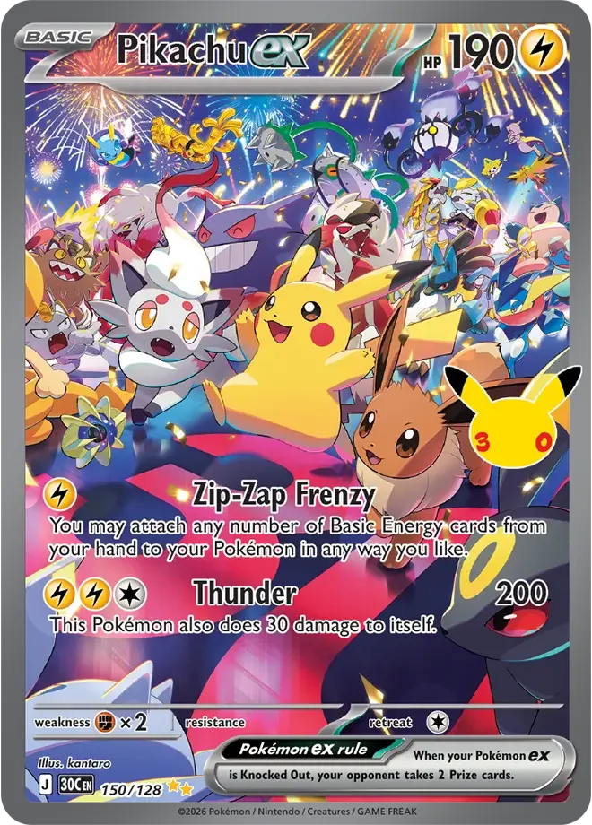 150/128 Pikachu ex Illustration Rare Pokemon 30th Anniversary Card List Celebration