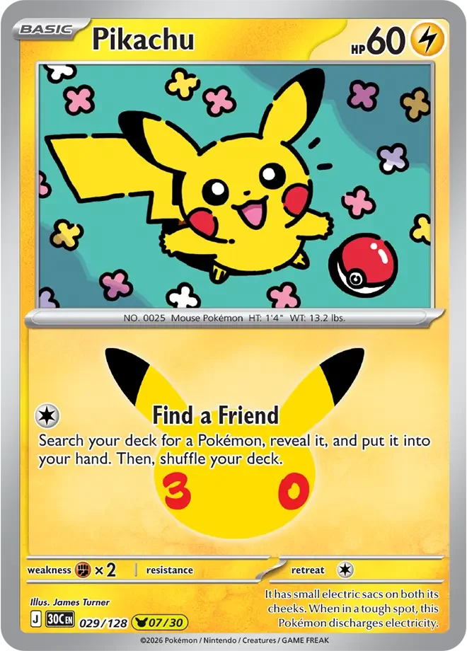 029/128 Pikachu Pokemon 30th Anniversary Card List Celebration