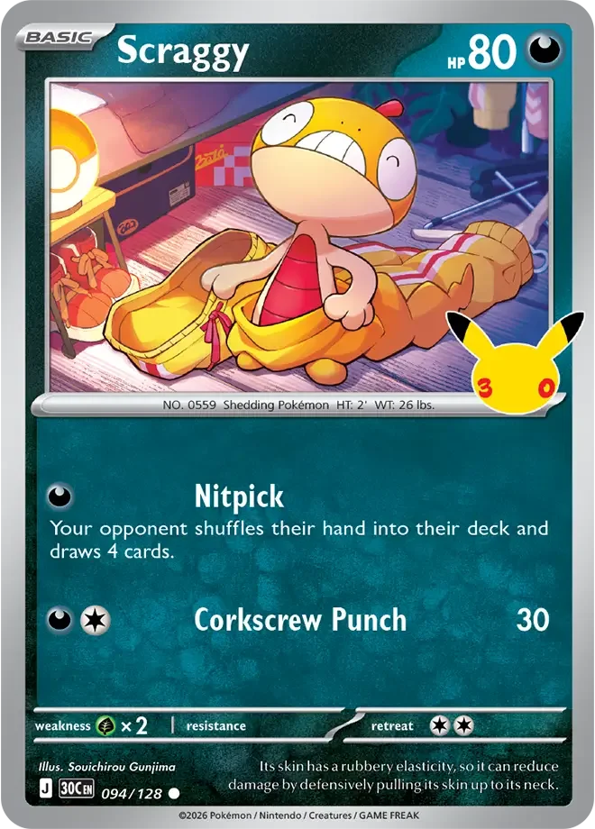 094/128 Scraggy Common Pokemon 30th Anniversary Card List Celebration