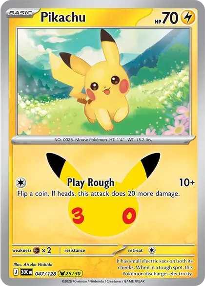 Pikachu 25 Pokémon card from Pokemon 30th Anniversary set
