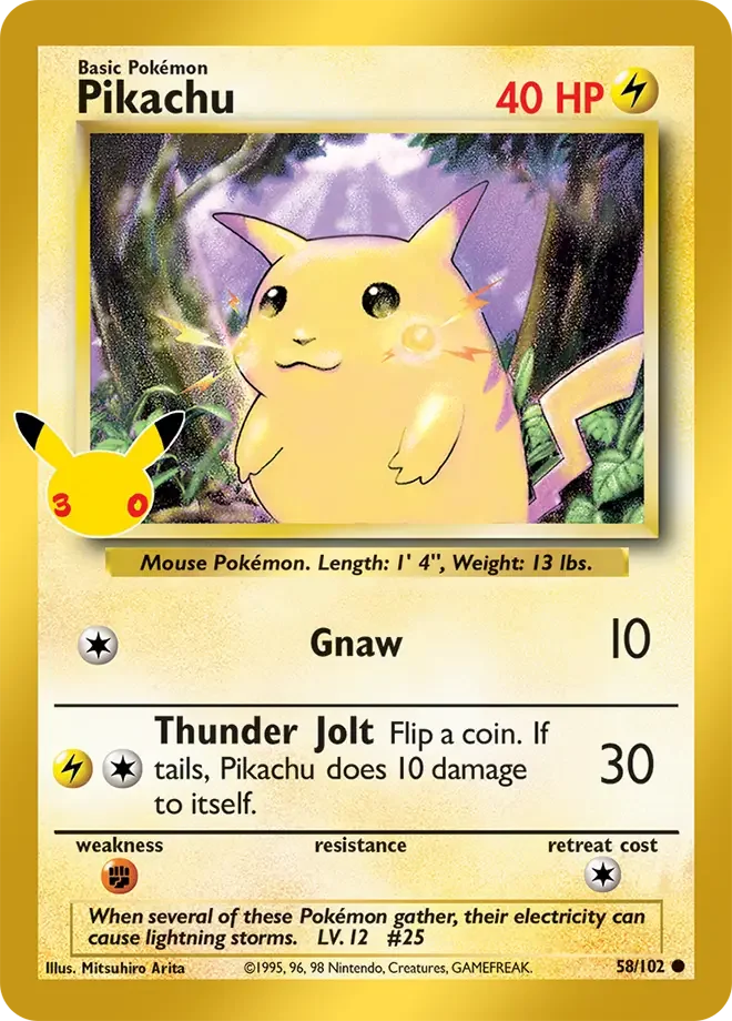 58/102 Pikachu Classic Pokemon 30th Anniversary Card List Celebration