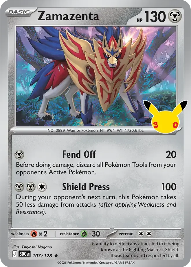107/128 Zamazenta Rare Pokemon 30th Anniversary Card List Celebration