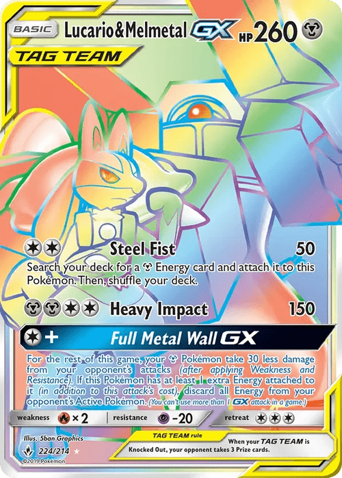 224/214 Lucario & Melmetal GX Rainbow Rare Pokemon Card