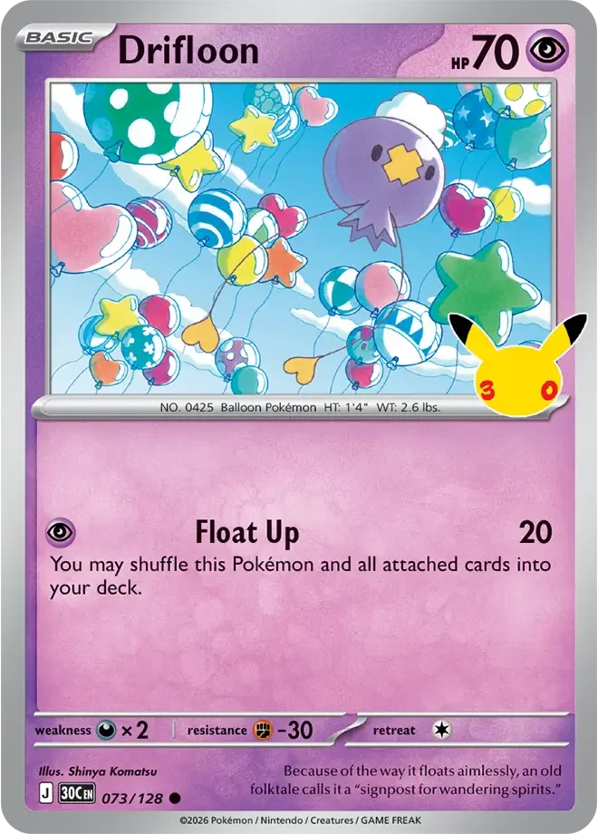 073/128 Drifloon Common Pokemon 30th Anniversary Card List Celebration