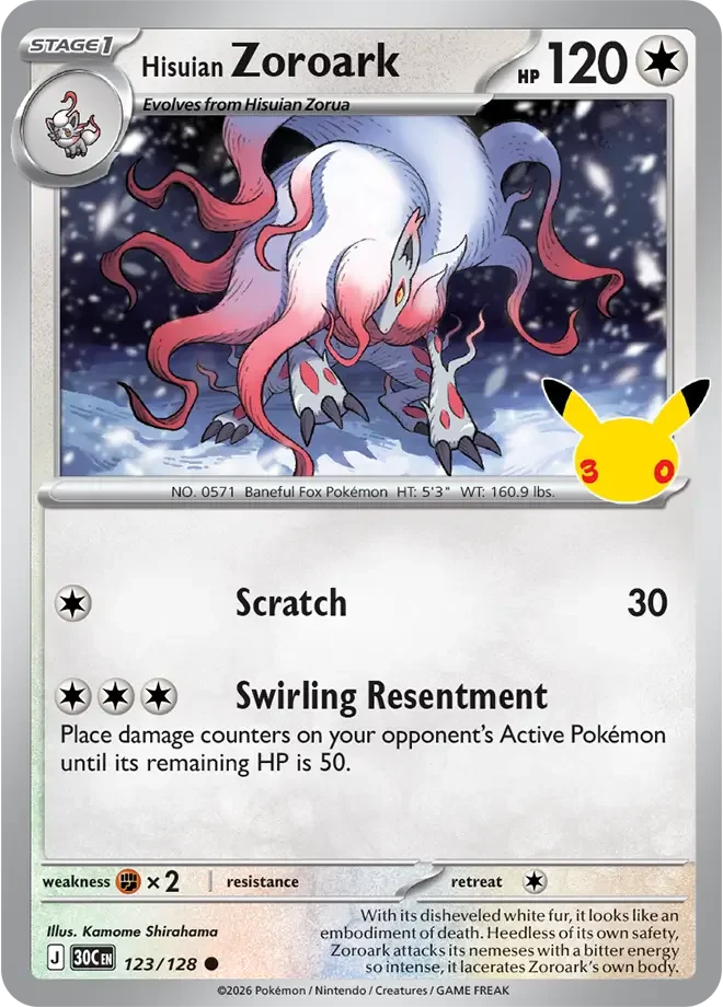 123/128 Hisuian Zoroark Common Pokemon 30th Anniversary Card List Celebration