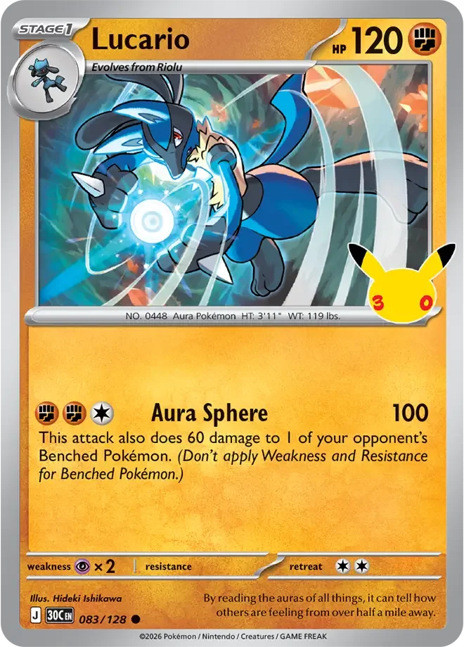 083/128 Lucario Common Pokemon 30th Anniversary Card List Celebration