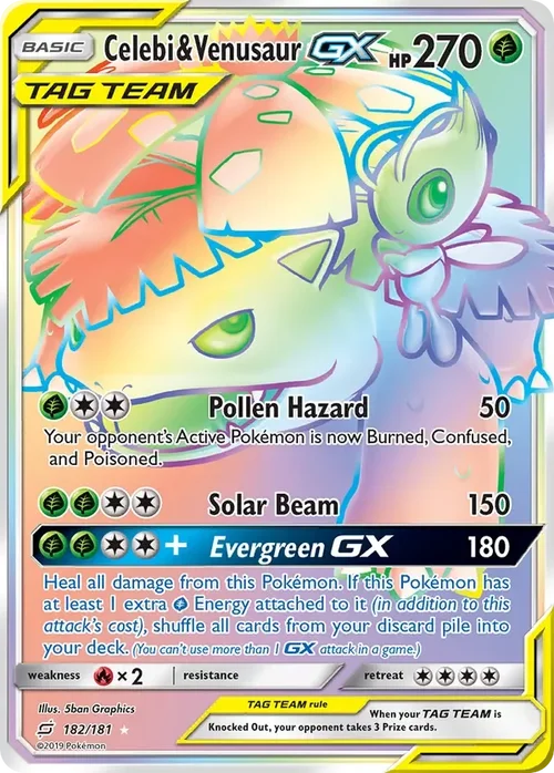 182/181 Celebi & Venusaur GX Rainbow Rare Pokemon Card
