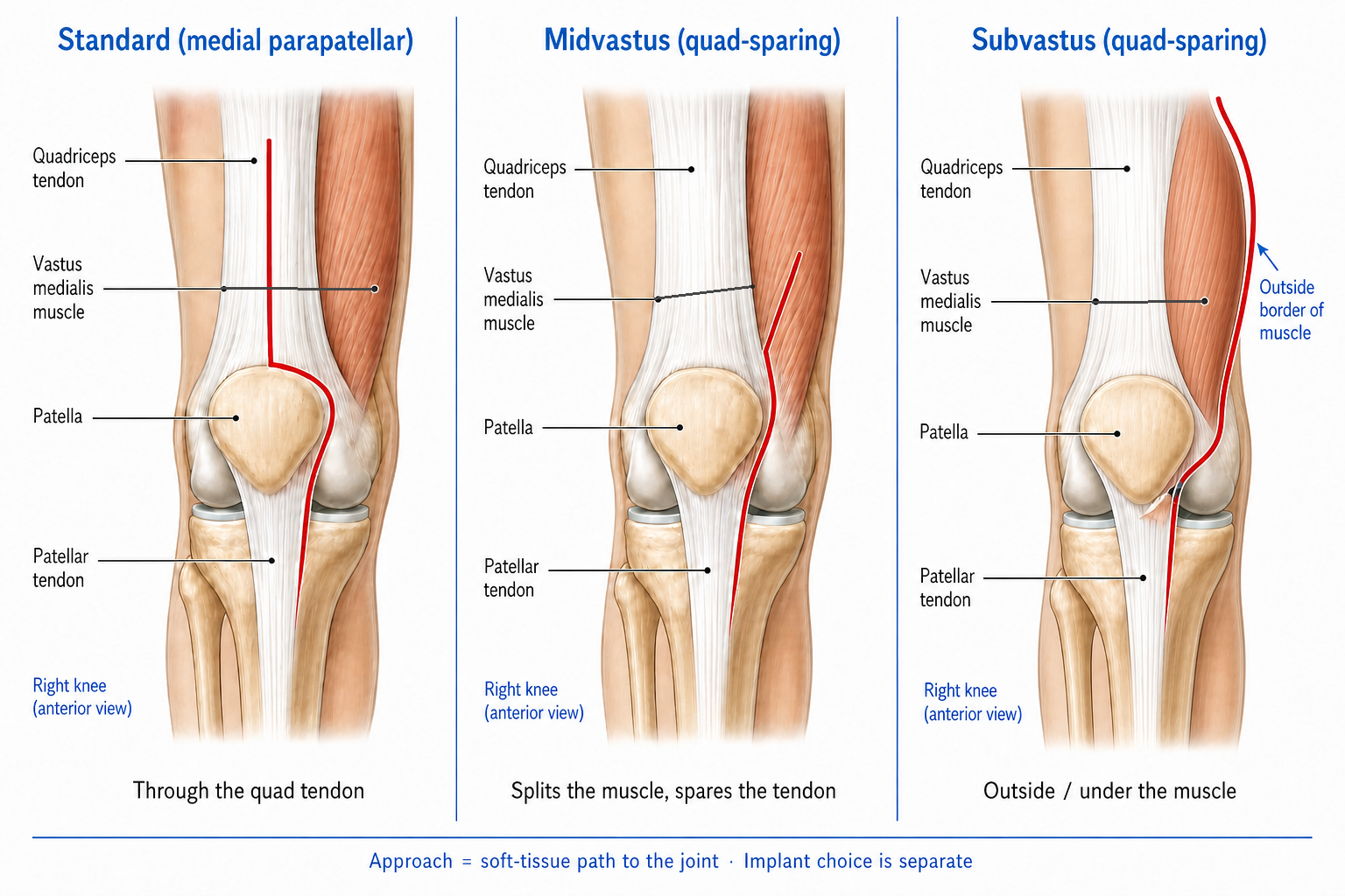 Comparison of standard medial parapatellar, midvastus, and subvastus approaches to the knee