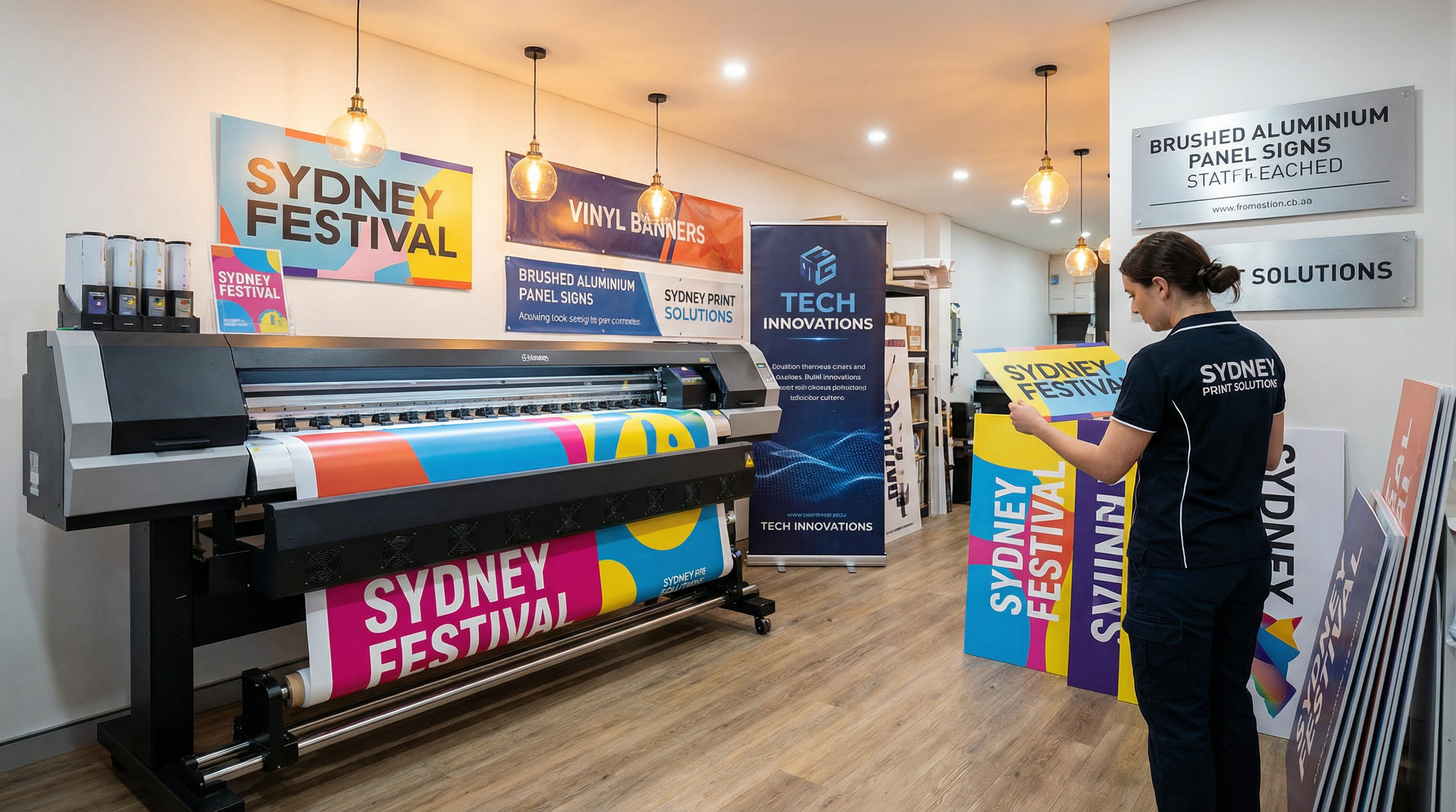 Custom signs printing Sydney - large format printer producing vibrant corflute signs, vinyl banners and pull-up banners at Pistol Clothing print shop