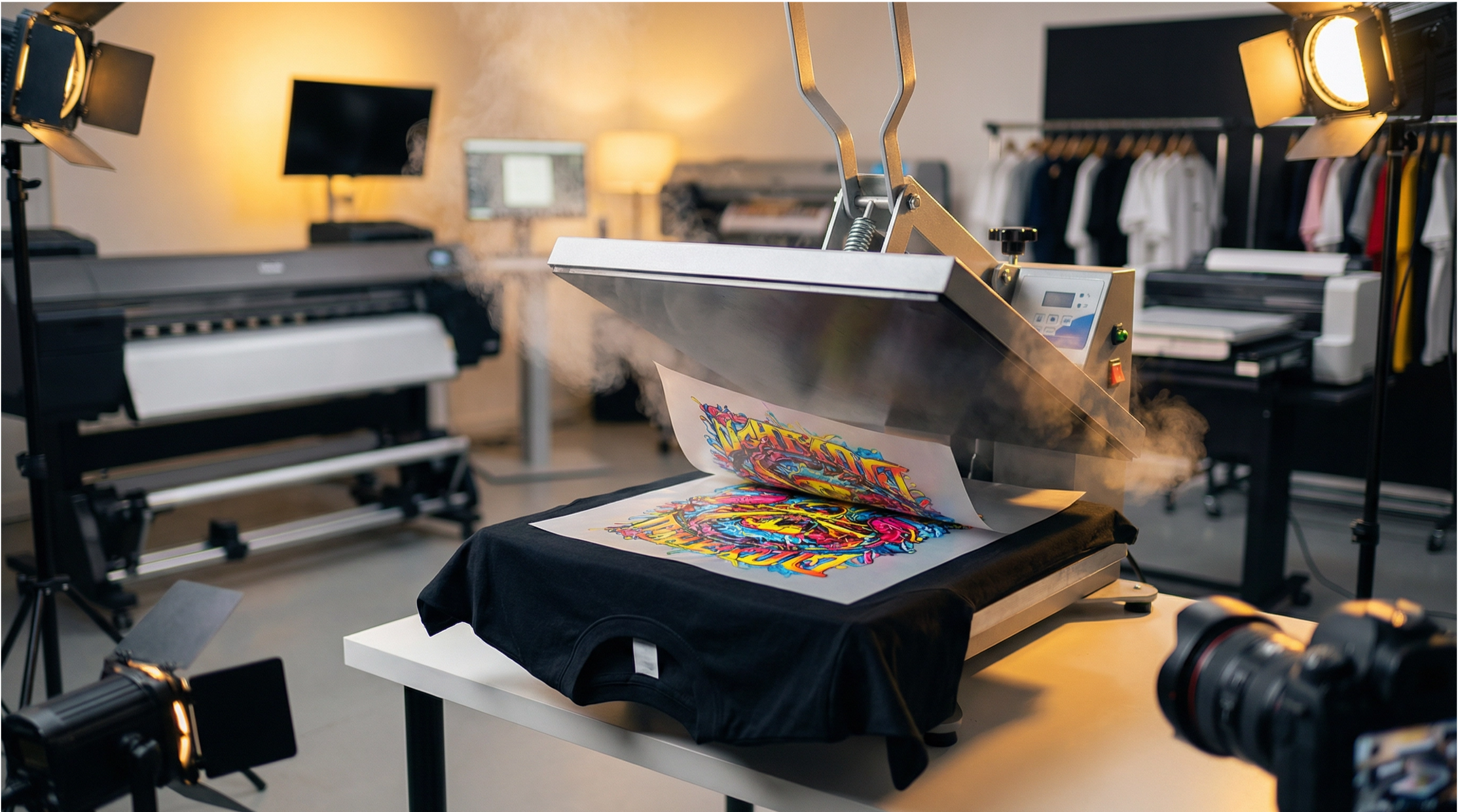 Professional DTF heat press machine applying a custom direct to film transfer onto a black t-shirt at Pistol Clothing Sydney printing studio