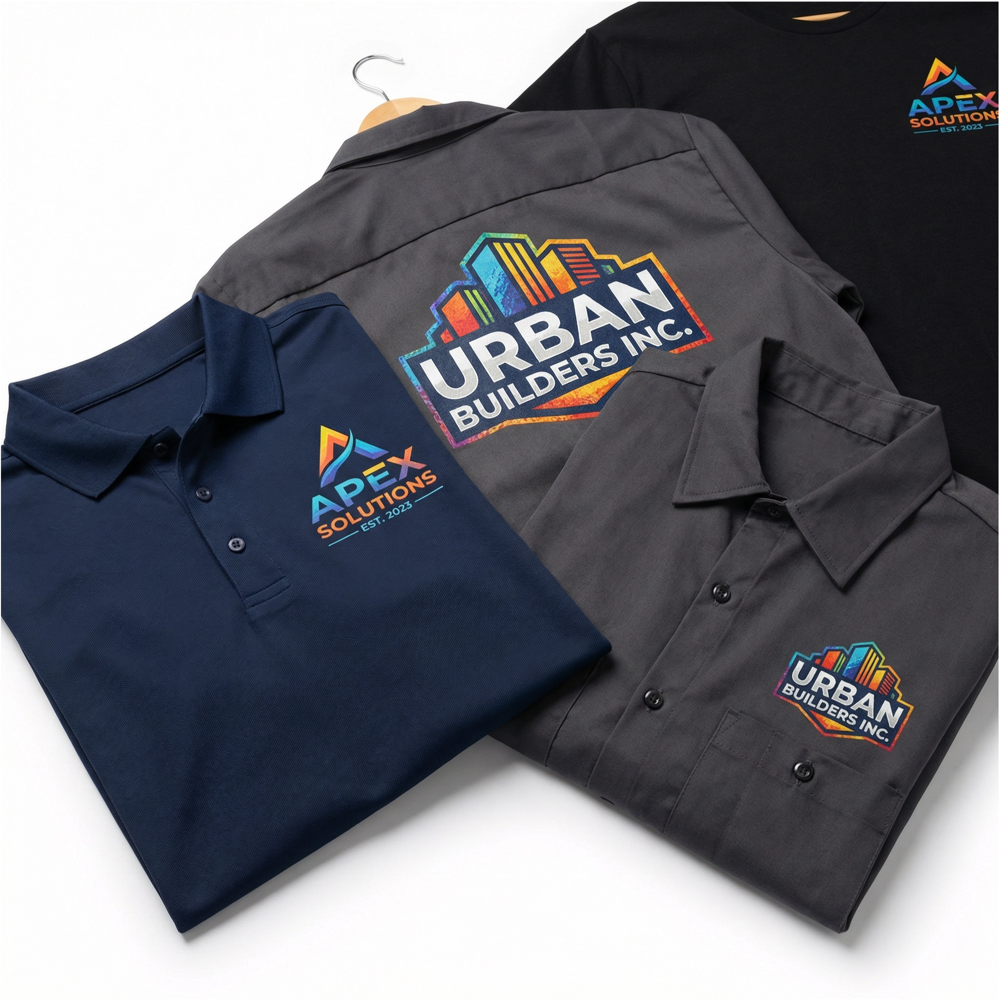 Custom DTF printed workwear and uniforms including branded polo shirts and work shirts for Sydney businesses, Pistol Clothing DTF printing service