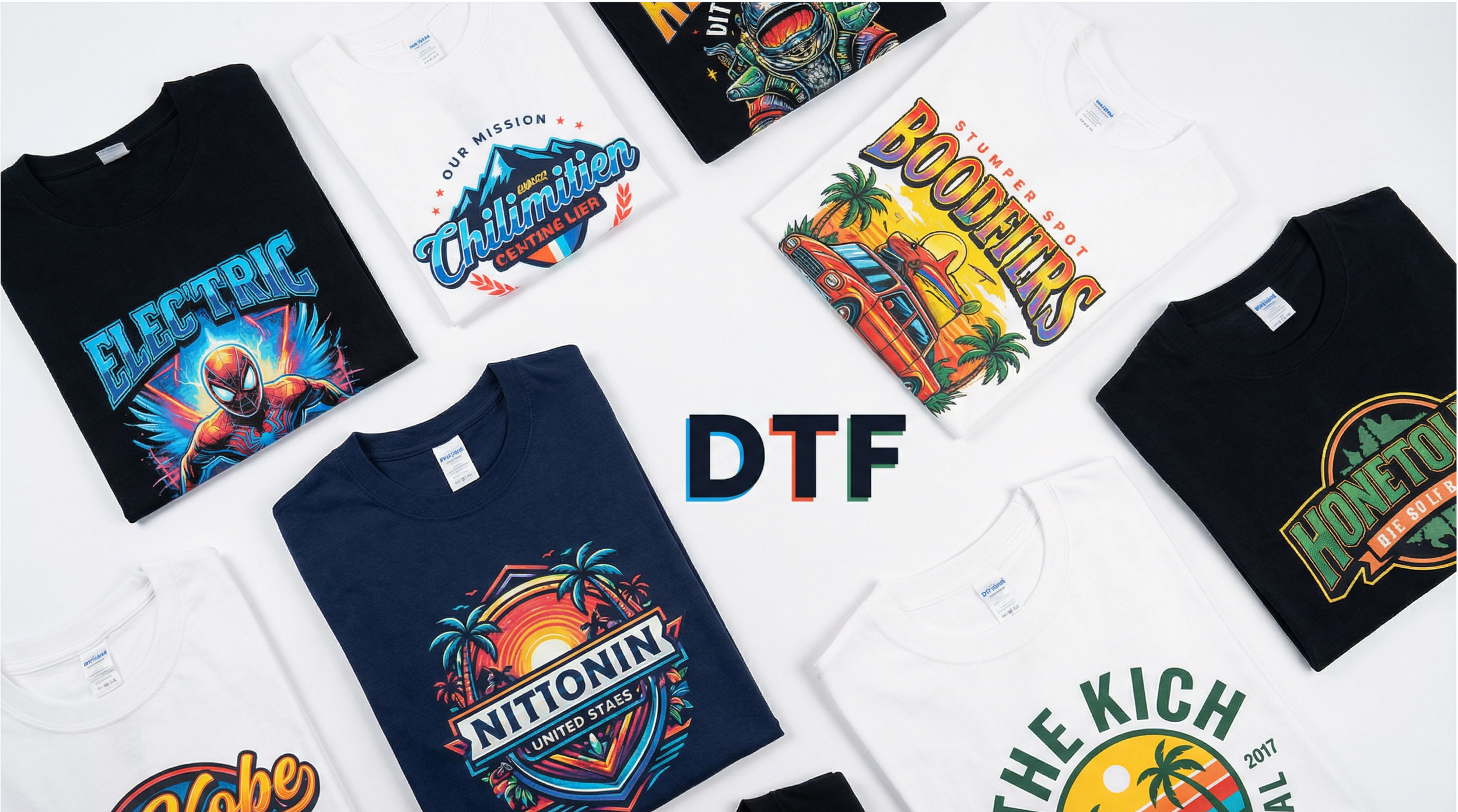 Sydney DTF printing example showing vibrant custom printed t-shirts and apparel by Pistol Clothing
