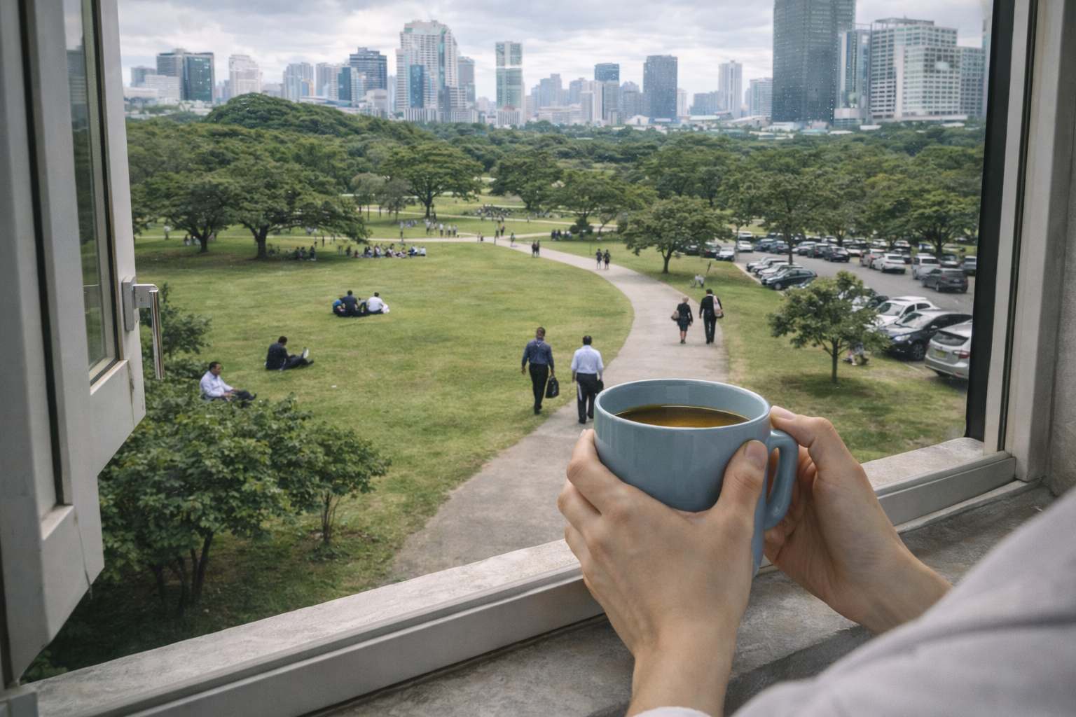 Looking out across a park while holding a mug