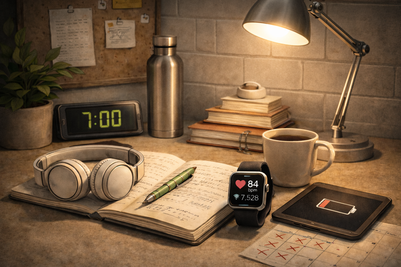 Desk scene for managing energy in graduate school