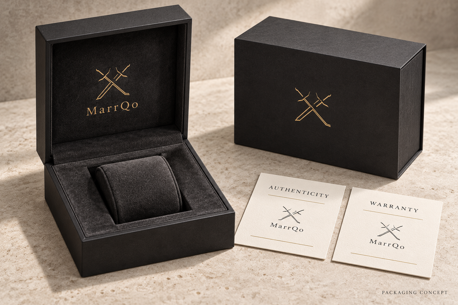 MarrQo packaging concept with charcoal presentation box, removable cushion, outer sleeve and ivory authenticity and warranty cards