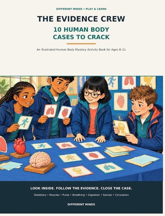The Evidence Crew: 10 Human Body Cases to Crack, forthcoming illustrated mystery activity book for ages 8–11 by Different Minds