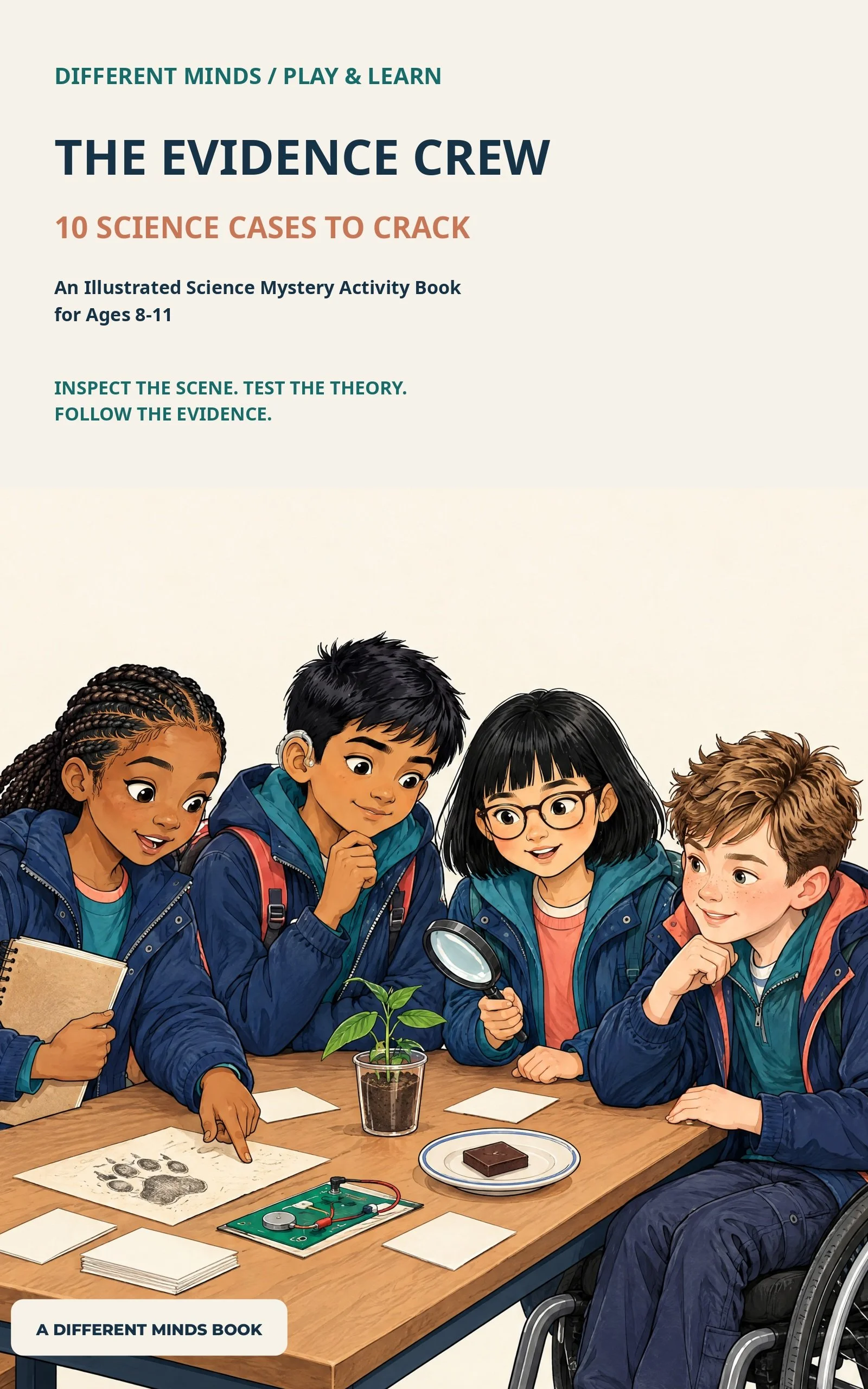 The Evidence Crew: 10 Science Cases to Crack, illustrated science mystery activity book for ages 8–11 by Different Minds