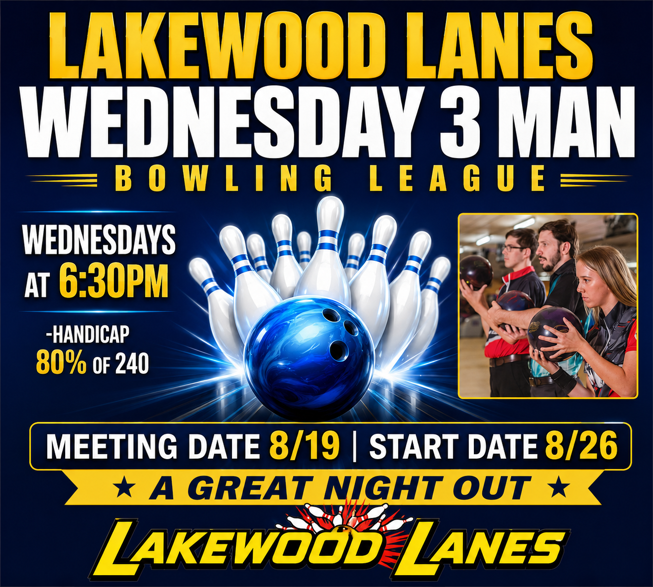 Wednesday 3 Man Bowling League flyer - meeting August 19, starts August 26