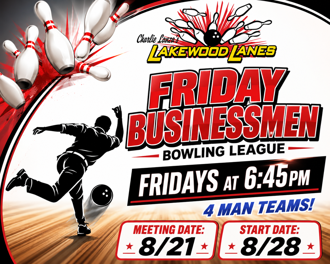 Friday Businessmen Bowling League flyer - meeting August 21, starts August 28