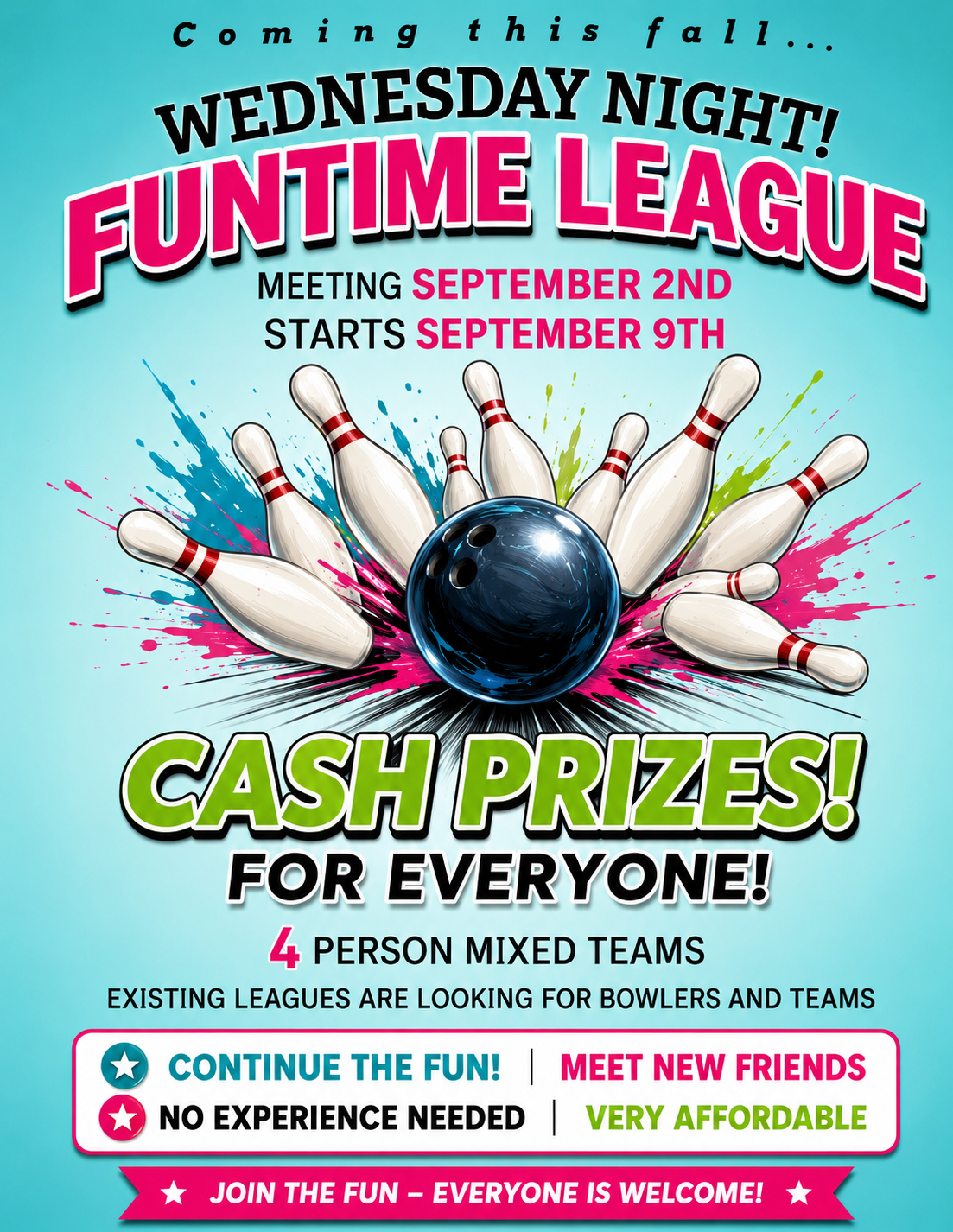 Wednesday Night Funtime League flyer - meeting September 2, starts September 9