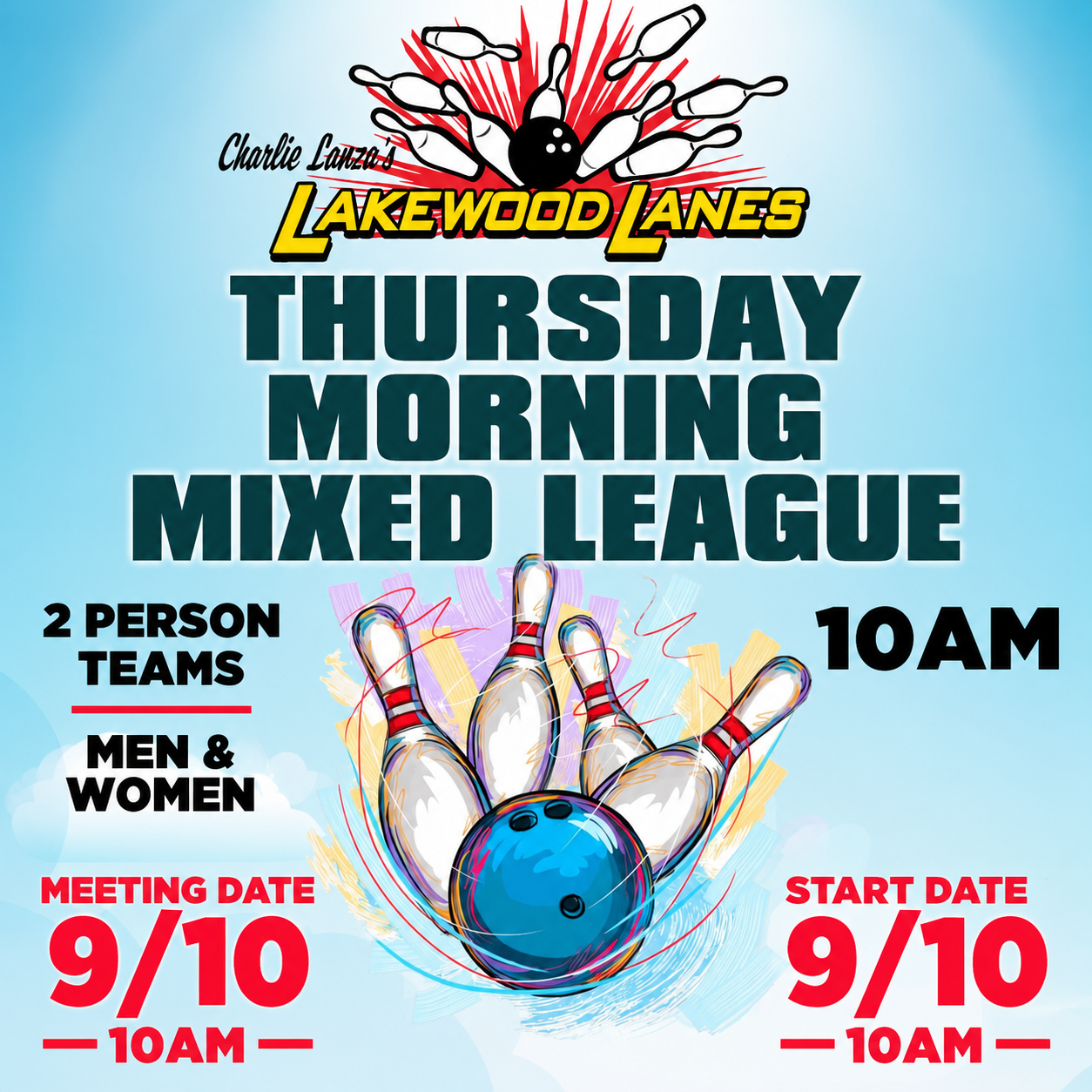 Thursday Morning Mixed League flyer - meeting and start September 10