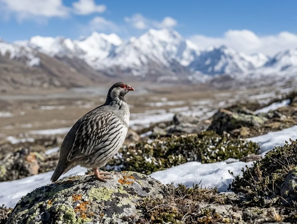 Tibetan snowcock in a rocky alpine landscape
