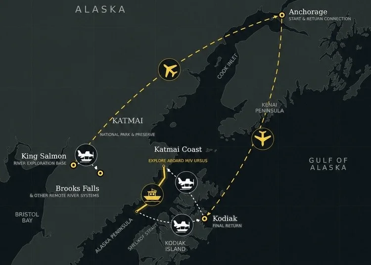 Alaska Fat Bear expedition route map showing Anchorage, King Salmon, Brooks Falls, the Katmai Coast and Kodiak.