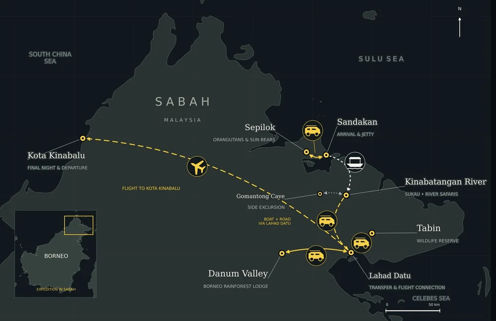 Borneo wildlife expedition route through Sabah, from Sandakan and Sepilok to the Kinabatangan River, Tabin, Danum Valley and Kota Kinabalu.