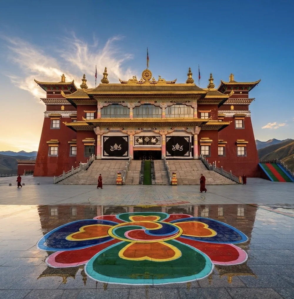 Tibetan monastery in a mountain landscape