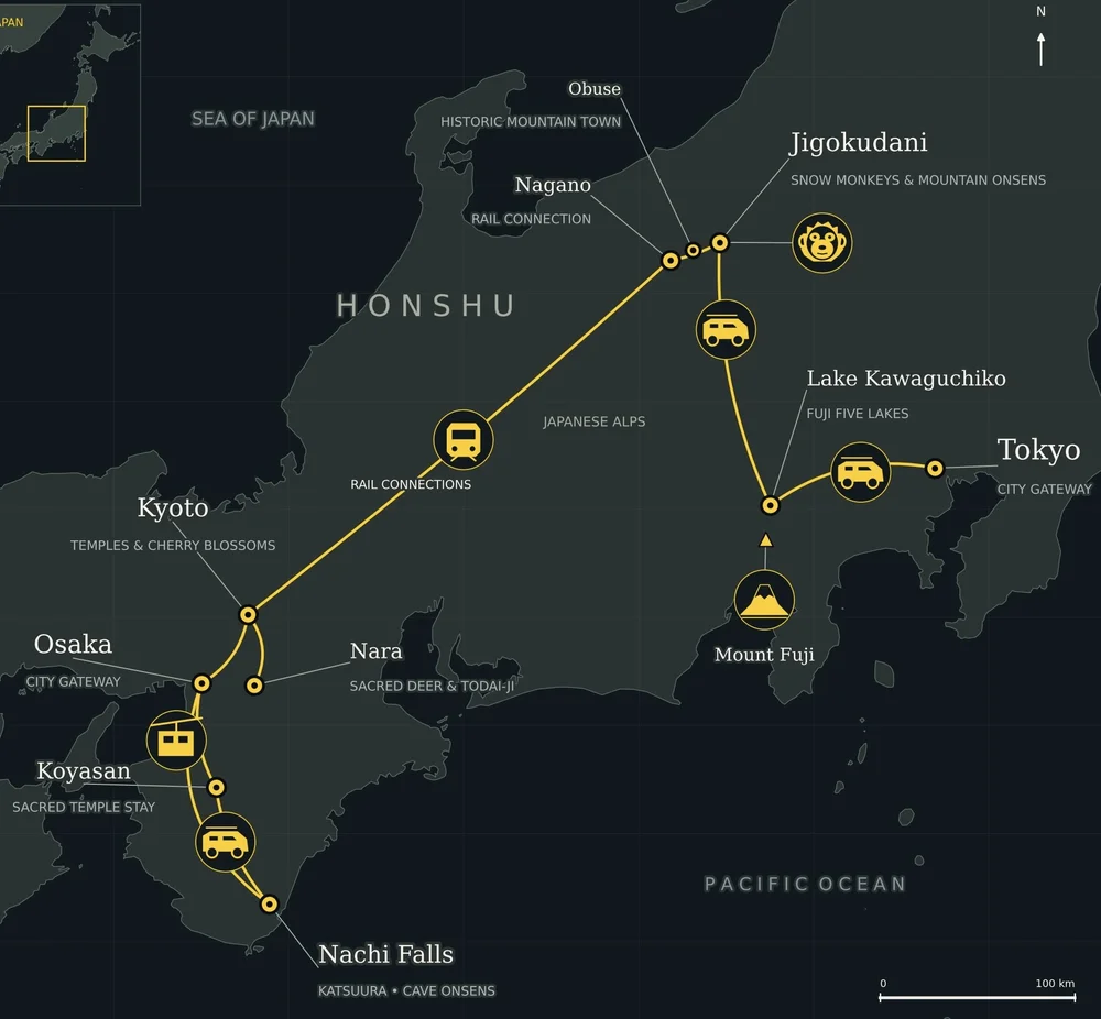 Japan tour route map showing Osaka, Nachi Falls, Koyasan, Kyoto, Nara, Nagano, Jigokudani snow monkeys, Mount Fuji, Lake Kawaguchiko and Tokyo.