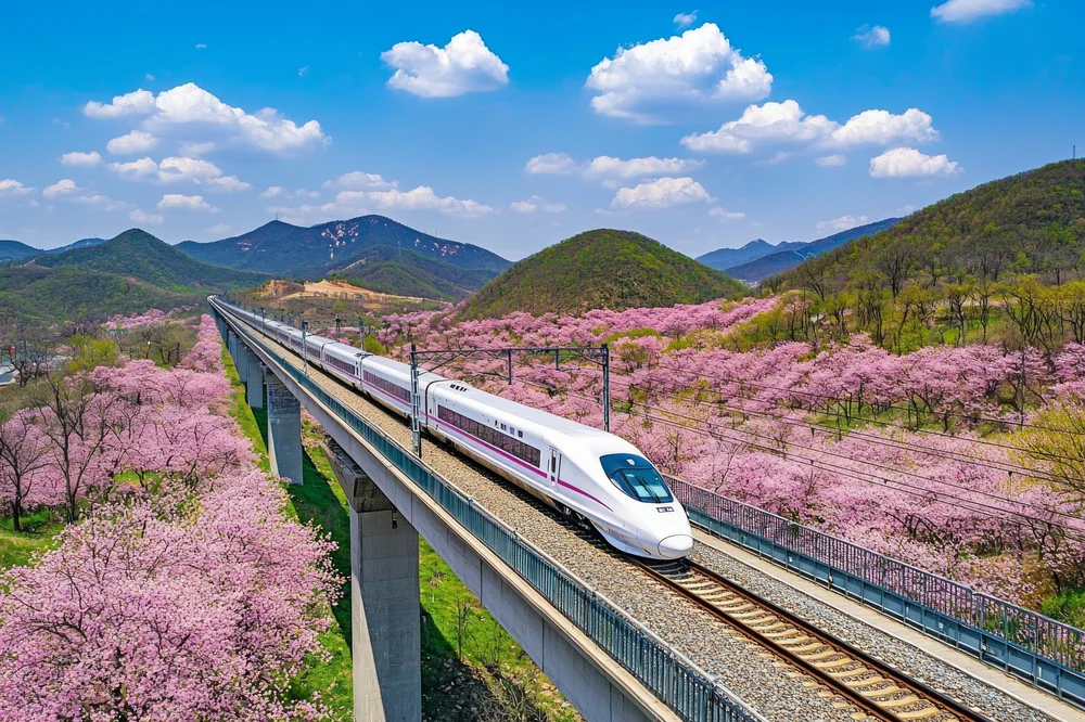 Shinkansen bullet train during cherry blossom season in Japan