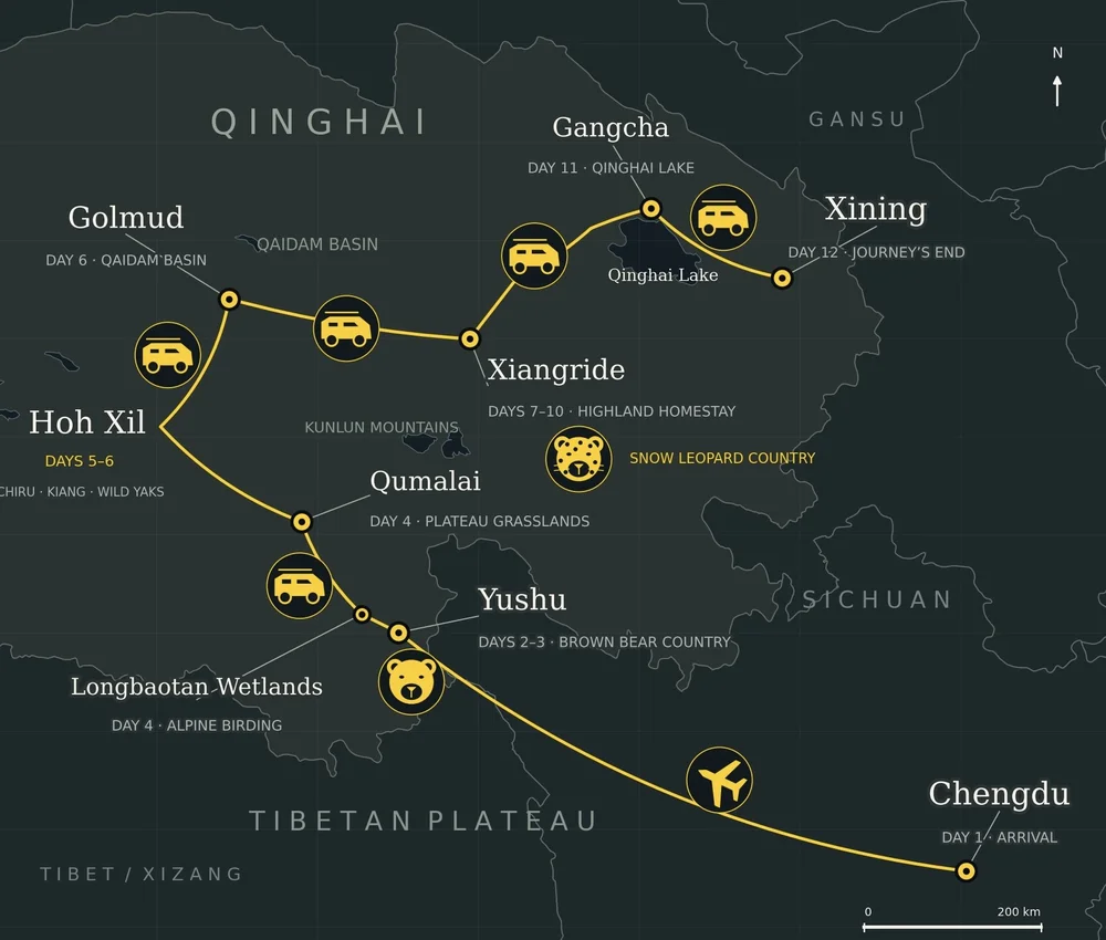 Tibetan Plateau wildlife tour route from Chengdu through Yushu brown bear country, Hoh Xil, Golmud and Xiangride snow leopard country to Qinghai Lake and Xining.
