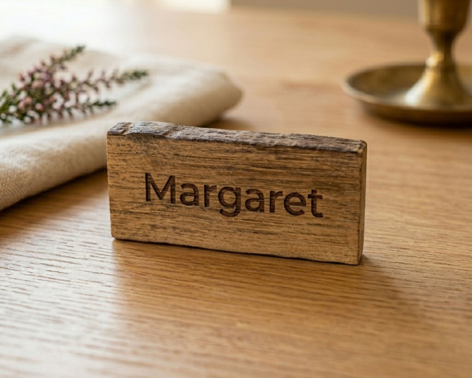 Whisky oak engraved wedding place marker