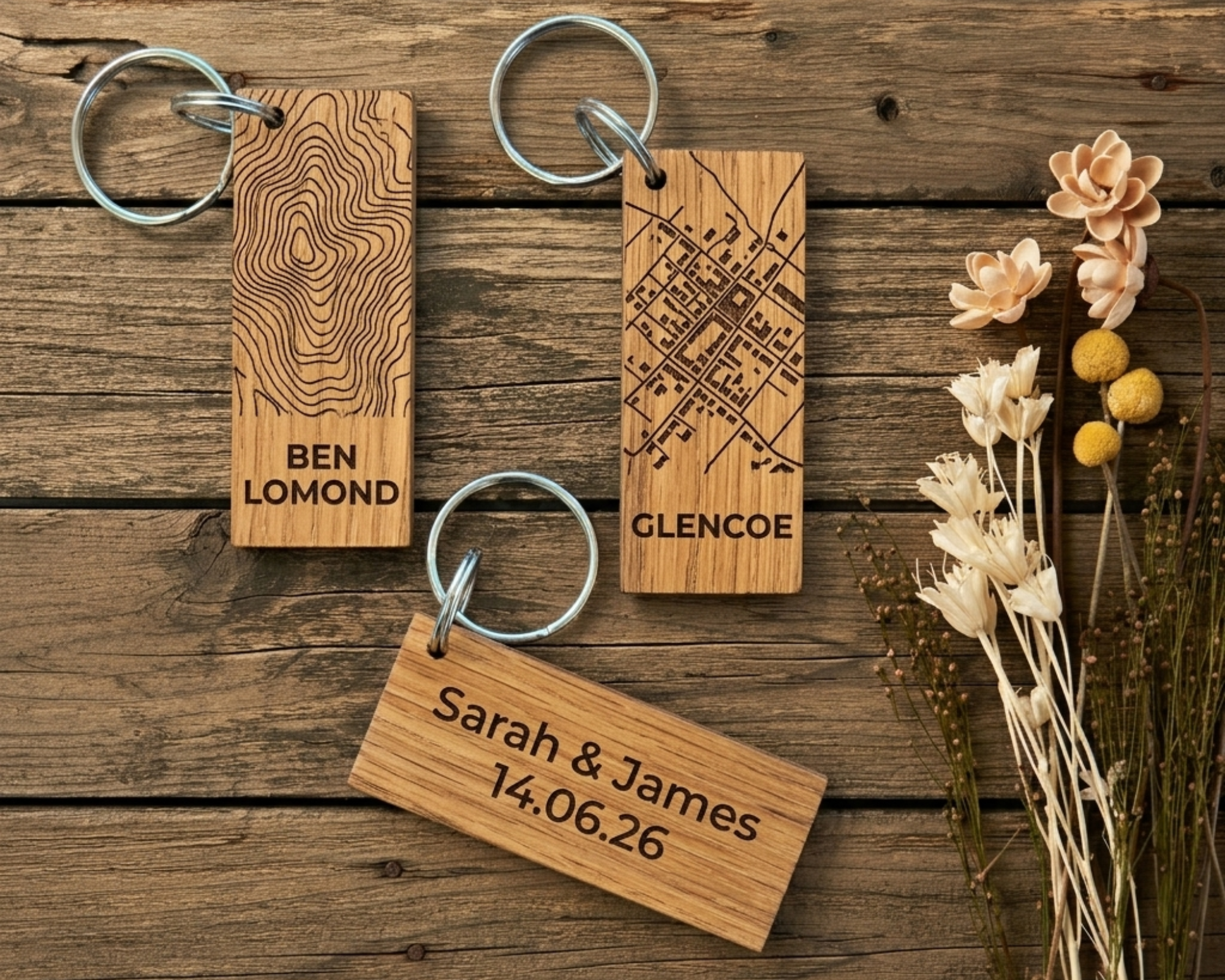 Whisky oak keyring wedding favours — three design options including hill contour, map and personalised text