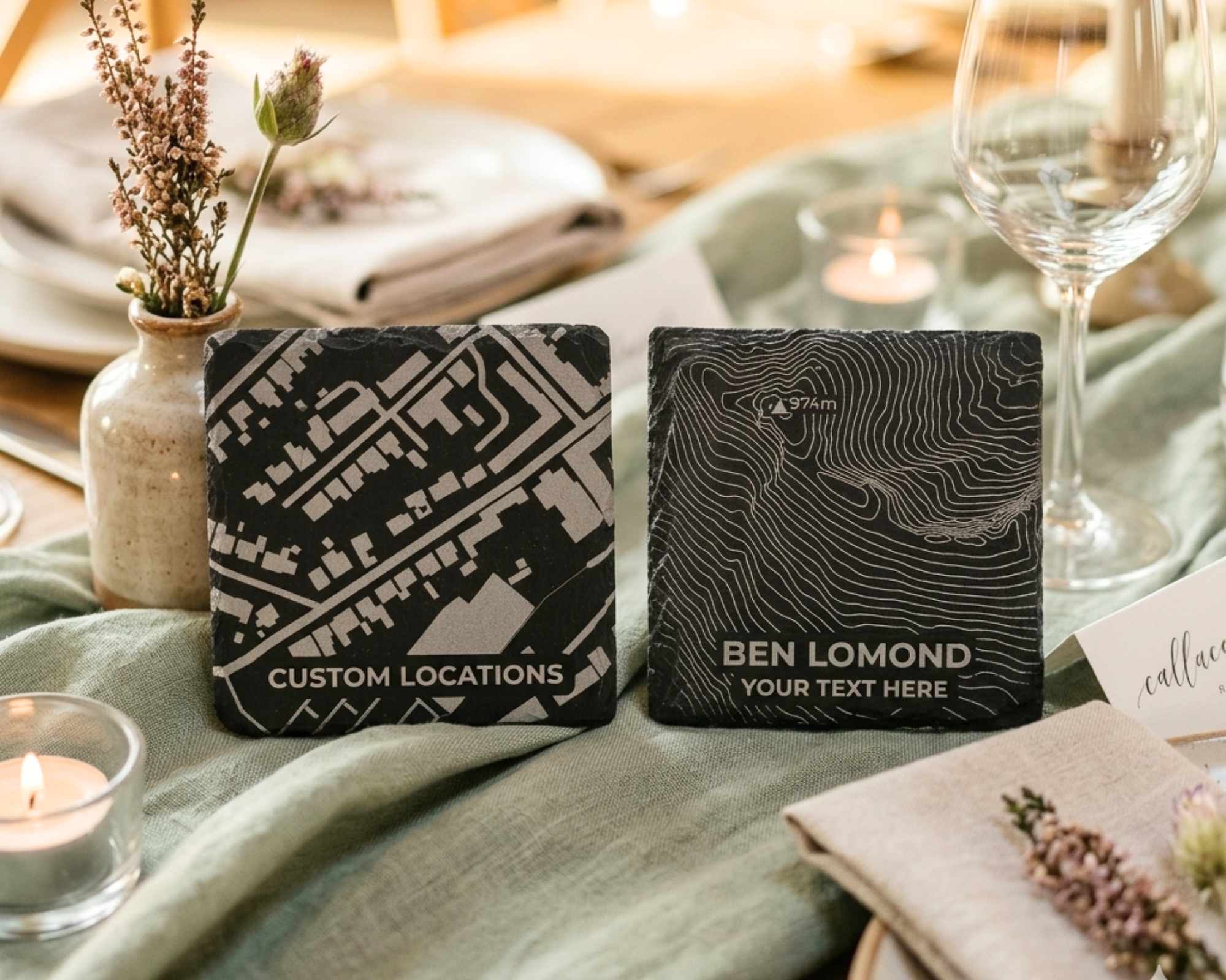 Personalised wedding favours — slate coasters and whisky oak keyrings