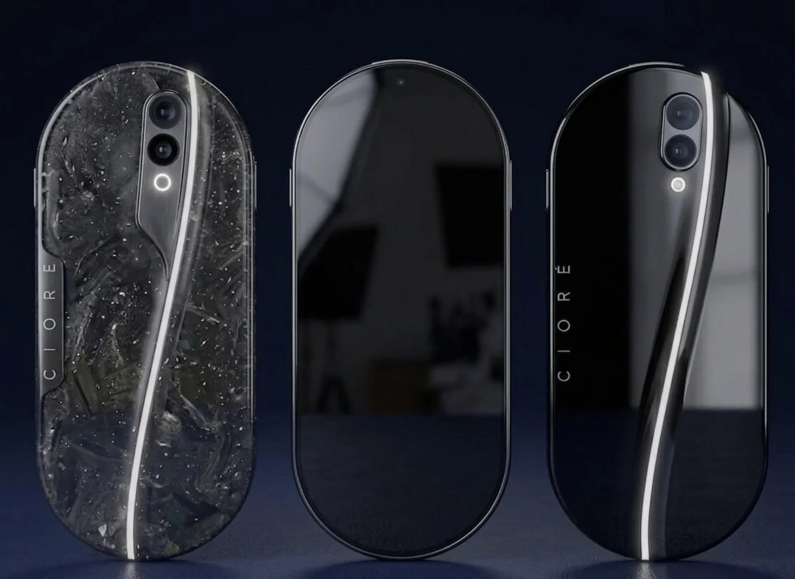 Front and back variation of the Cioré phone concept showing a rounded form and rear camera direction