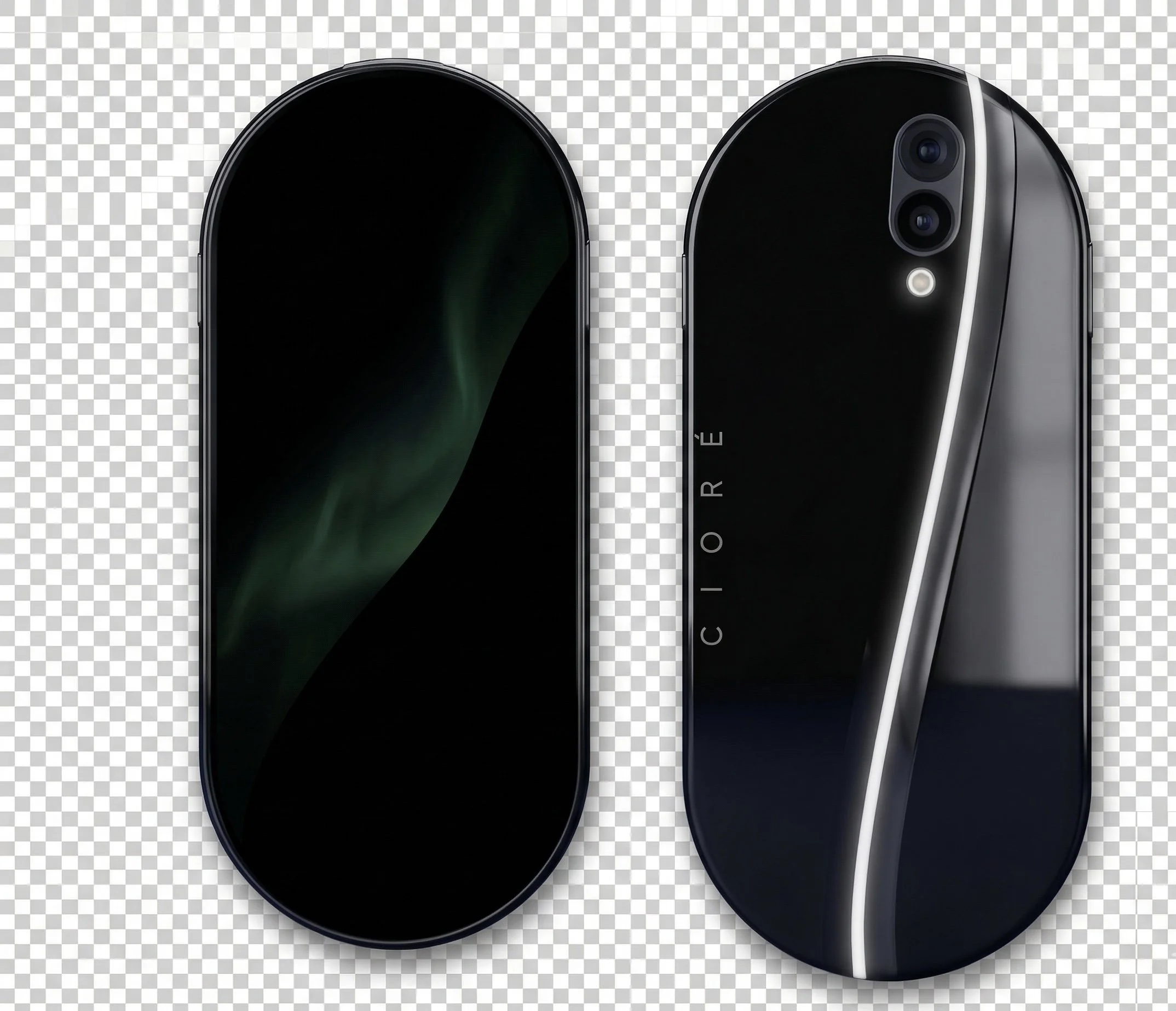 Front and back realistic concept view of the Cioré phone with rounded pill shaped form
