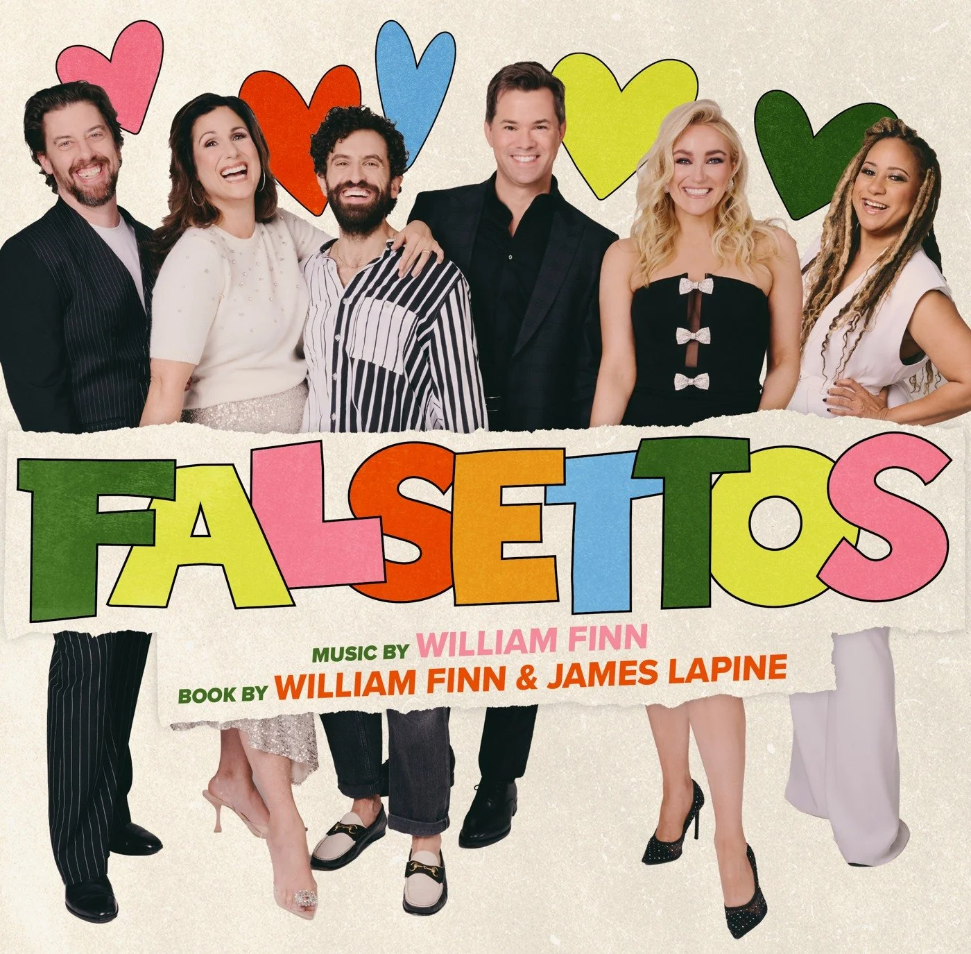 Falsettos: the original Broadway revival cast reunited, with colourful hearts and the new hand-cut title. Music by William Finn. Book by William Finn and James Lapine.