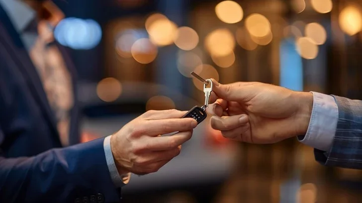 A person handing keys to a dealership employee in front of a shiny, well-maintained car being traded in.