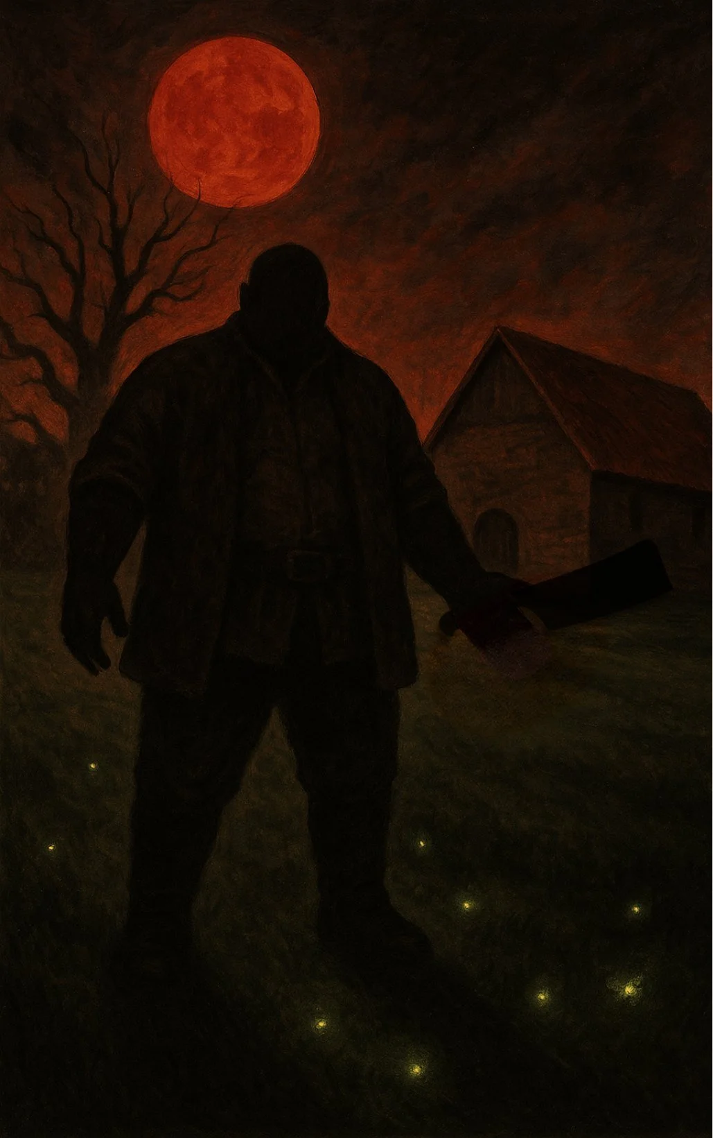 The Baron in silhouette under a blood red moon, fireflies in the grass