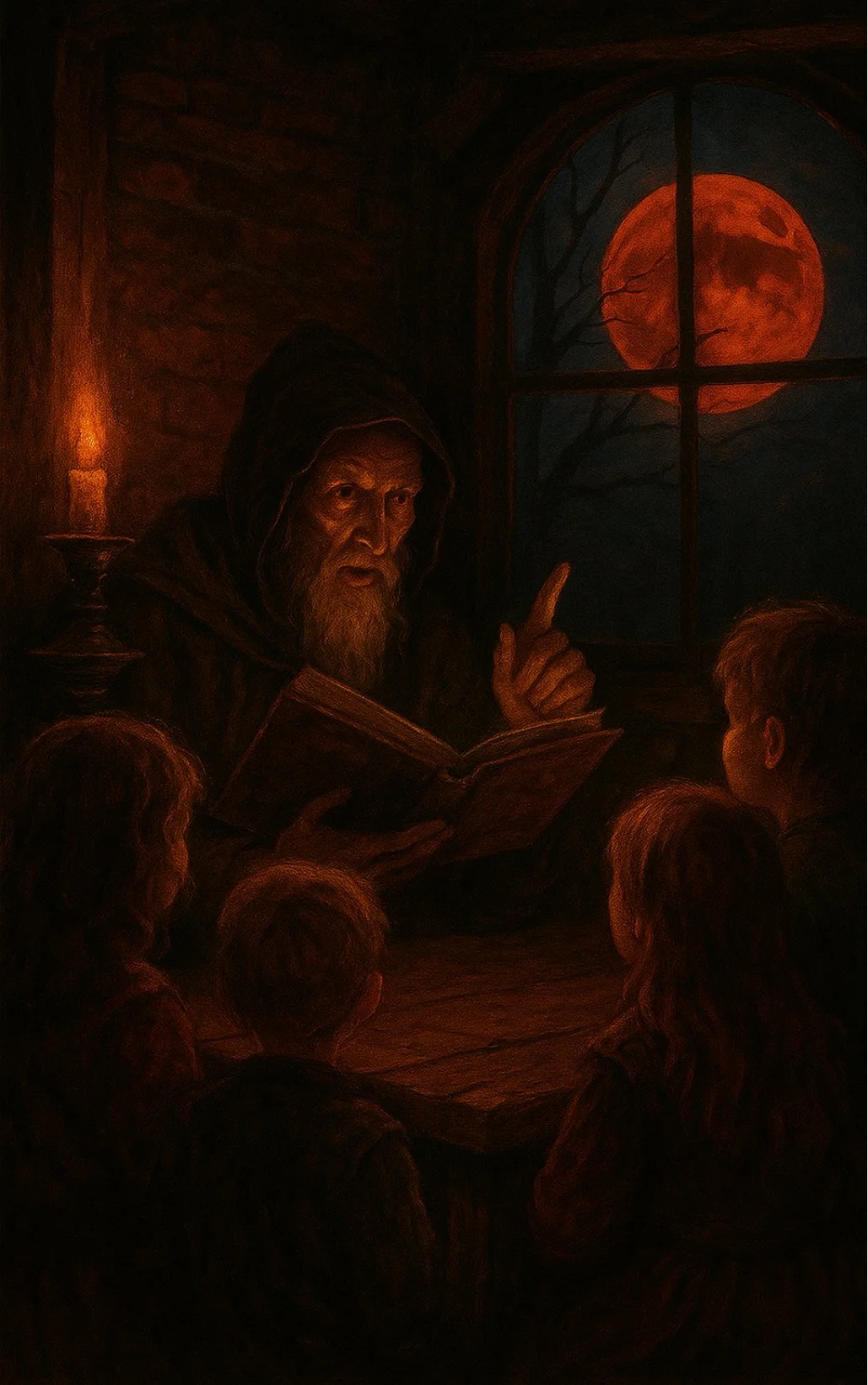 An old storyteller by candlelight, a red moon at the window